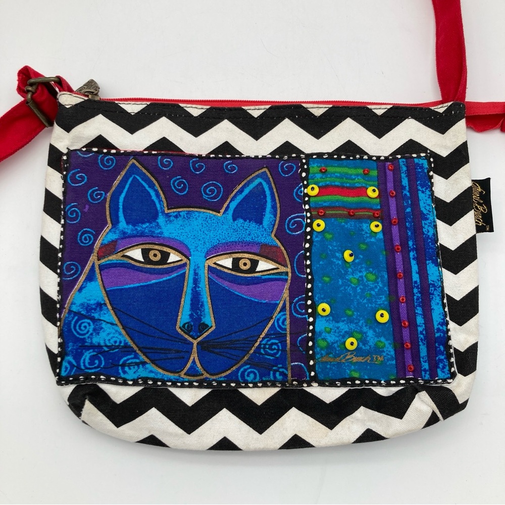 Laurel Burch Beaded Cat Canvas Crossbody Bag with Cat Zipper Pull